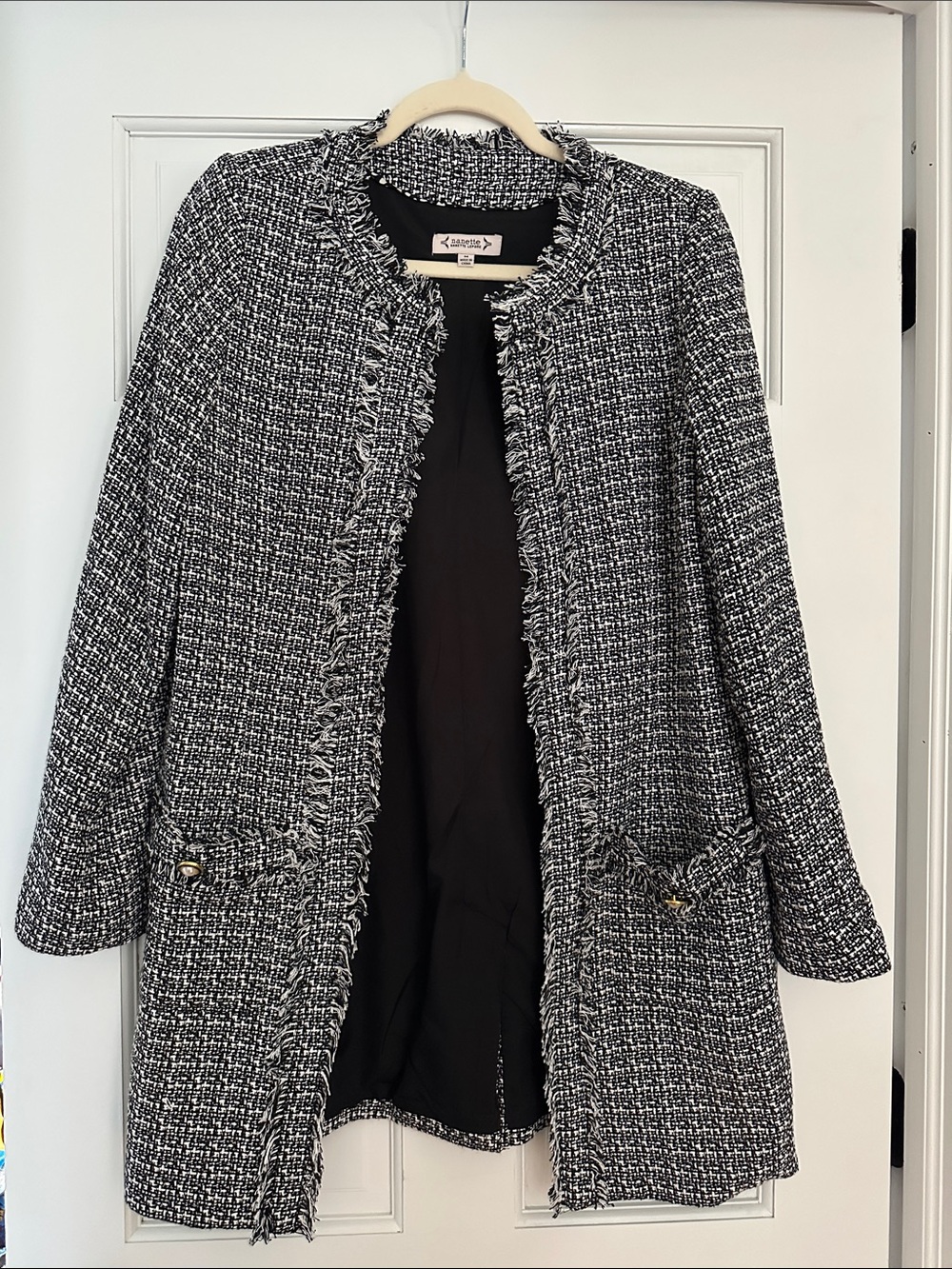 Nanette Lepore Black and White Tweed Fringe Coat